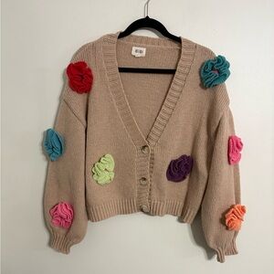 BiBi Women's Floral Knit oversize Tan Cardigan with Colorful Accents Size Small